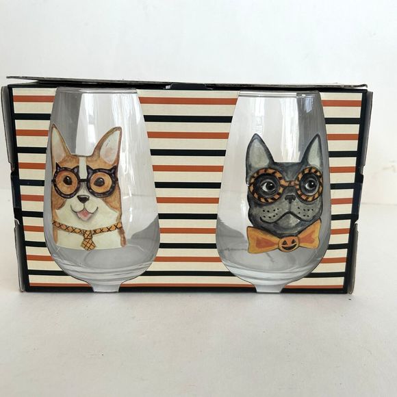New Sheffield Home Wine Glasses Corgi French Bulldog Set of 2 Stemless Drink nib - Picture 1 of 6